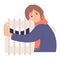 Woman freezing and shivering and heats up near warm radiator. Cartoon flat vector illustration. Concept winter season