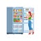 Woman at fridge. Female character looking in open refrigerator with products water, milk, fruit and vegetable, meat for