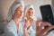 Woman, friends and selfie in beauty spa for social media, vlog or profile picture with cucumber in skincare treatment at