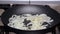 Woman frying onion into the pan in the kitchen.