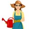 Woman with garden hat and glasses holding a watering can
