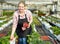 Woman gardener in apronduring harvesting of fresh strawberries