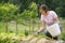 Woman gardener planting salad and mulching it