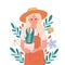 Woman gardener with potted house plant. Gardener, florist, farmer, botanics, seller in a flower shop. Vector