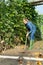 Woman gardener with rake working near green seedlings in greenhouse