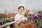 Woman gardener removes weeds from flower pots in greenhouse. Business shop plant nursery