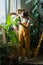 Woman gardener spraying banana palm houseplant, moisturizes leaves during the heating season. Love of plants. Indoor garden