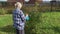 Woman gardener spraying fruit trees and bushes against plant diseases and pests using spray bottle withinsecticide