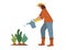 Woman gardener waters plants from a watering can.Agriculture gardener hobby.