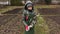 Woman gardener with willow branches and Pruning Scissors walking in garden