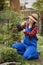 Woman gardener in work clothes trimming rose bushe