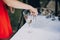 Woman getting ice for stylish champagne drink on wedding table.