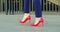 Woman Getting Ready to Party. Red Classic Womens Heels Shoes Supply
