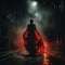 A woman ghostly figure, red spots on her victorian dress, looming the dark night in the street, ghost, frightening atmosphere,