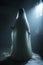 a woman in a ghostly white dress standing in a dark room