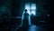 a woman in a ghostly white dress stands in a dark room