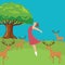 Woman girl fresh jumping freedom in forest fresh air wild life deer