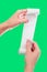 Woman or Girl Hold in Hands Roll of Paper With Printed Receipt Mock Up Template. Clean Mockup. May be Placed in Article About Shop