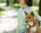 Woman girl holds a dog in her arms for a walk. non-barking african basenji dog.