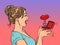 a woman girl looks at a red heart box valentine surprise greeting, love romance