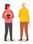 Woman in glasses with digital device talking to the man with tablet. Flat vector illustration