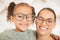 Woman with glasses, eye care for child and frame lens with happy girl face or optician vision for sight. Family portrait