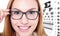 Woman with glasses and eye test chart