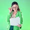 Woman in glasses reading paper isolated on green background for fashion design career, gen z resume and internship