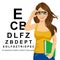 Woman with glasses reading sight test characters