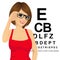 Woman with glasses reading sight test characters