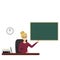 Woman with glasses sits at a table and points to a blackboard. Teacher with a pointer