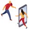 A woman goes out of telefoa, a man goes in the direction of the phone, an isolated object on a white background, vector