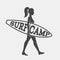 Woman goes surfing with surfboard. Surf camp logo. Vector illustration