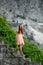 Woman going down stairs with beautful nature background