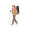 Woman going with hiking backpack wearing sunglasses and trekking sticks. Young explorer or traveller in sportswear