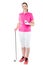 Woman with a golf club and ball in full length posing on a white