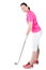 Woman golfer in full length plays golf on a white