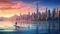 a woman gracefully paddleboarding in a tranquil bay with the stunning city skyline as the backdrop. Capture the harmony