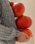 woman in gray holds orange ripe pumpkins in her hands. Halloween and All Saints& x27; Day celebrations