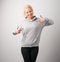 Woman in gray hoodie, mockup for logo or branding design