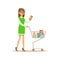 Woman In Green Dress With Cart Shopping In Department Store ,Cartoon Character Buying Things In The Shop