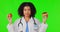 Woman, green screen or doctor with donut or apple for healthcare options or choices for wellness. Happy smile, face