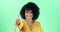 Woman, green screen and portrait with thumbs up emoji, smile and hand, confident and happy with afro. Laughing, good