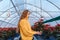 Woman in greenhouse hold poinsettia in pots.