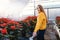 Woman in greenhouse near poinsettia in pots.