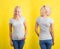 Woman in grey round neck T-shirt on yellow background