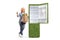 Woman with a grocery bag leaning on a green eco-friendly fridge and gesturing thumbs up