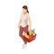 Woman with grocery basket cart from supermarket on white isolated background. Isometric shopping market basket with