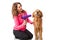 Woman grooming dog with a blowdryer