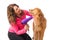 Woman grooming dog with a blowdryer